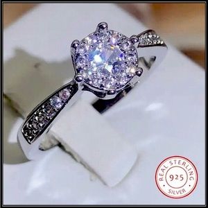 New 925 silver simulated round solitaire pave diamond engagement wedding ring